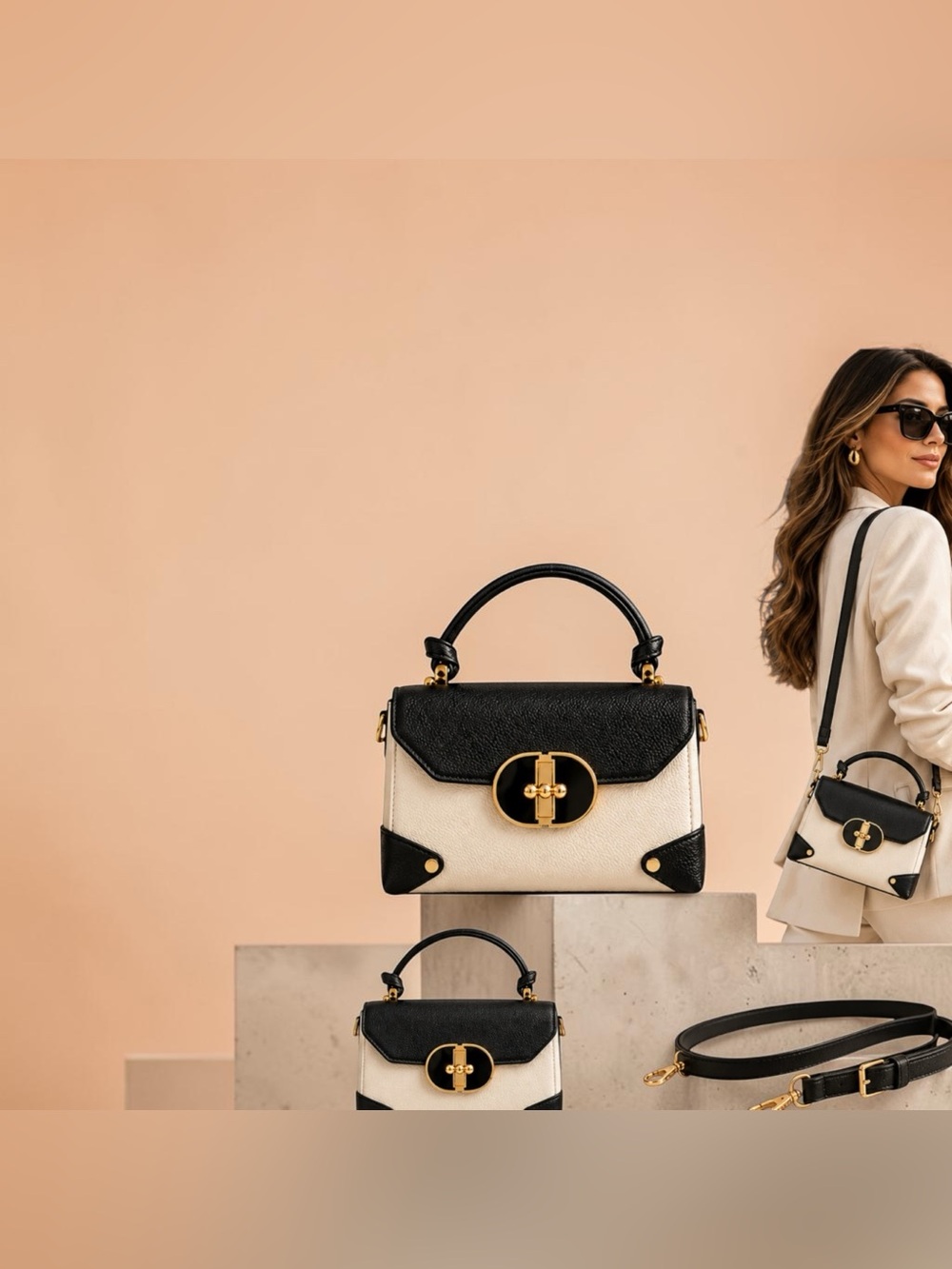 Wendy Keen Black Cream Vegan Leather Top Handle Satchel Crossbody NWT